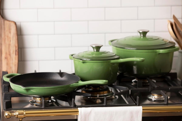 4-Piece Enameled Cast Iron Set, Oven Safe and Suitable for All Cooktops – Includes 5.7 Quart Dutch Oven Pot with Lid and 2.2 Quart Saucepan with Lid (Okra)2