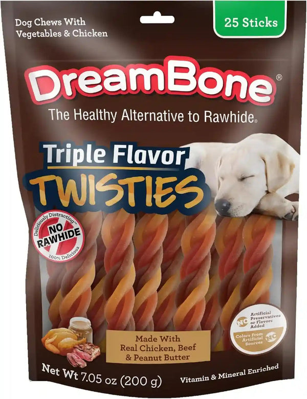 Dreambone Triple Flavor Twisties Dog Treats, Daily Rawhide-Free Chew, Digests Safely, with Real Protein, Beef, Pork, Chicken and Veggies, 25 Count12