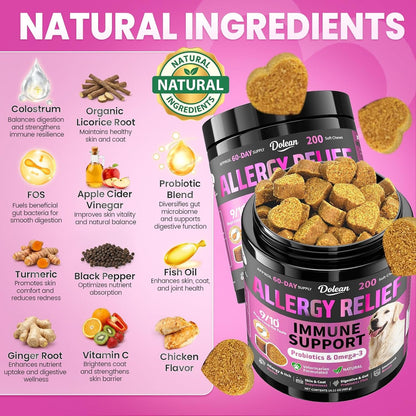 Dog Allergy Chews Itchy Skin Yeast Relief & Immune Support Omega 3-200Ct | Allergy Relief for Dogs with Colostrum & Probiotics for Paw Licking, Hot Spots, Yeast & Seasonal Allergies, Chicken Flavor3