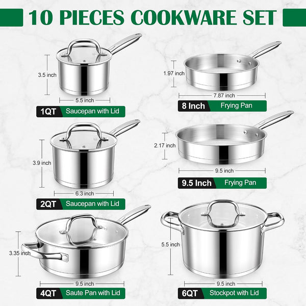 Stainless Steel Cookware Set, 10-Piece Induction Pots and Pans Set | Non-Toxic Kitchen Cooking Set W/Frying Pan, Saucepan, Saute Pan, Stockpot with Lids, Oven & Dishwasher Safe2