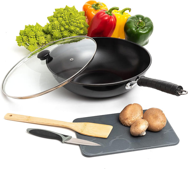 5 Pcs Carbon Wok Set, Carbon Steel Wok Pan 12 Inch Woks and Stir Fry Pans, Chinese Wok for Electric, Induction & Gas Stove with Glass Lid, Wok Spatula, Chopping Board & Paring Knife1