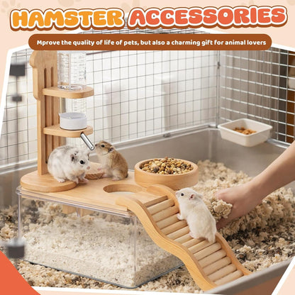 4 Pcs Hamster Cage Accessories Water Bottle Set,Rectangle | Hamster Sand Bath Box Feeding Bowl Climbing Toy Wooden Ladder Bridge Set for Rat Mice Small Animals Habitat Decor Enrichment7