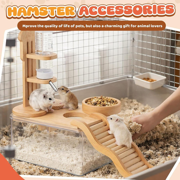 4 Pcs Hamster Cage Accessories Water Bottle Set,Rectangle | Hamster Sand Bath Box Feeding Bowl Climbing Toy Wooden Ladder Bridge Set for Rat Mice Small Animals Habitat Decor Enrichment7