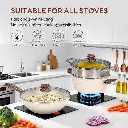 17-Piece Nonstick Cookware Set, Pfas-Free, Induction, Cream White | Dishwasher Safe, Detachable Stay-Cool Handles, Vented Glass Lids, Fits Gas & Ceramic Stovetops, Lightweight & Compact3