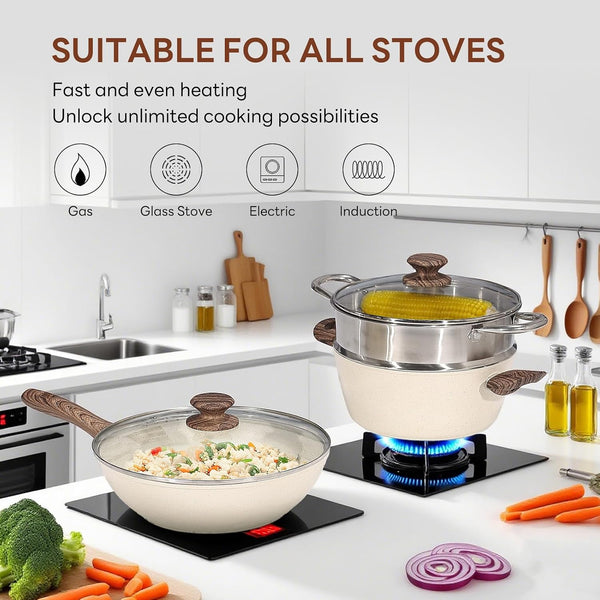 17-Piece Nonstick Cookware Set, Pfas-Free, Induction, Cream White | Dishwasher Safe, Detachable Stay-Cool Handles, Vented Glass Lids, Fits Gas & Ceramic Stovetops, Lightweight & Compact3
