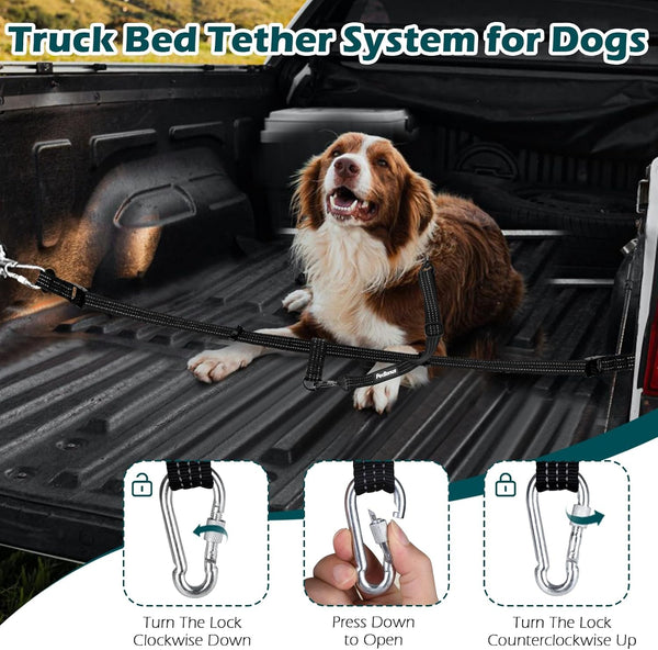 Petbonus Truck Bed Dog Leash, Functional Safety Dog Truck Bed Tether | for 1 Dog, Truck Bed Tie down System, Adjustable, Pick-Up Bed Restraint Lead, Ratchet Tightening Car Harness Belt, Black3