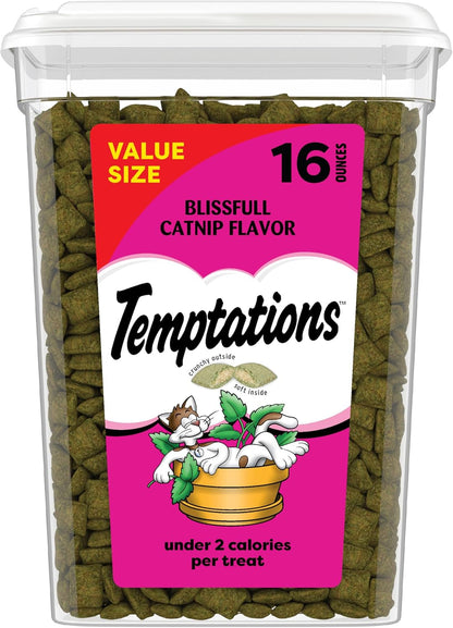 Temptations Classic Crunchy Cat Treats, Blissful Catnip, 16 Oz | under 2 Calories per Treat, Crunchy outside & Soft Inside, Resealable Tub, Snack or Food Topper, 100% Complete & Balanced1