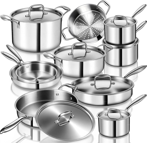 Stainless Steel Cookware Set, 3 Ply 17 Piece Stainless Steel Pot and Pan Set, Oven Dishwasher Safe | Induction Compatible Frying Pans, Saucepans, Saute Pan & Stock Pot, PFOA, PTFE & PFOS Free1