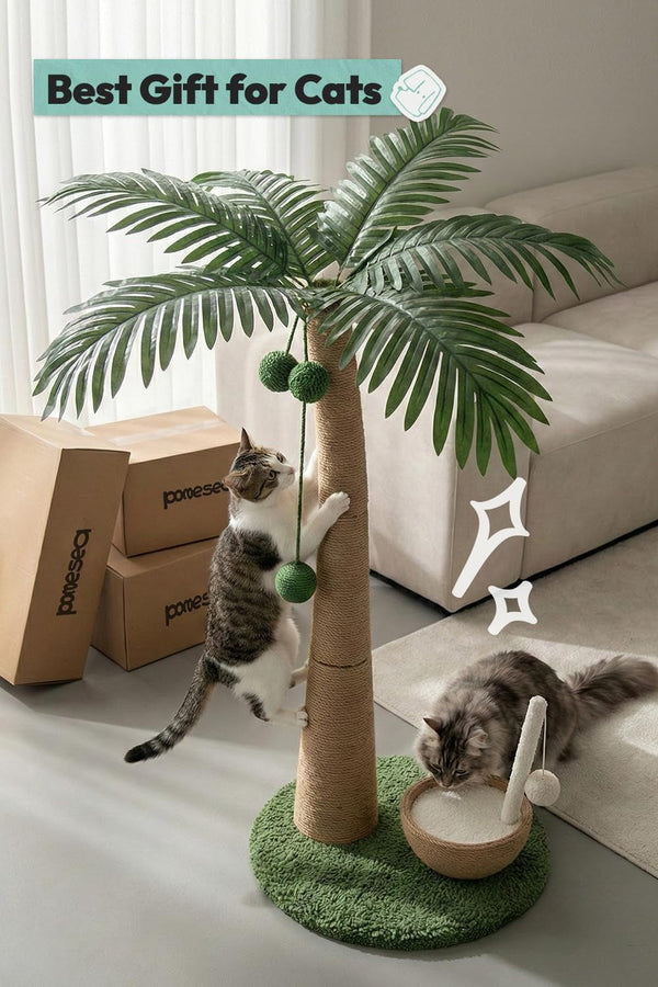 33" Tall Cat Scratching Post, Natural Jute Cat Scratcher for Indoor Cats,Coconut Tree & Straw Design with Hanging Toy Ball & Rest Platform,Stable Furniture Protector for Kittens & Adult Cats,M8