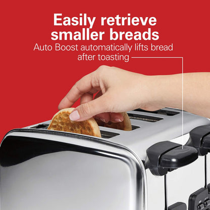 Retro 4 Slice Toaster with Sure-Toast Technology, Wide Slots | Browning Control with 9 Shades | Auto Shutoff | Bagel, Defrost, Cancel | Toast Boost | Polished Stainless Steel | 24782G3