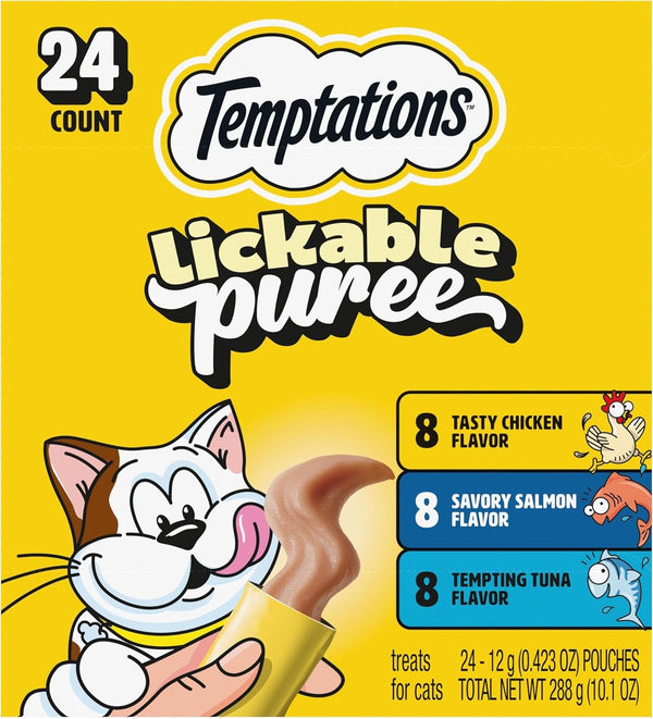 Temptations Creamy Puree Cat Treats, Chicken, Salmon & Tuna, 24 Count | under 15 Calories per Tube, Great for Senior Cats, No Chewing Required, No Added Sugar, Fillers, or Artificial Preservatives1