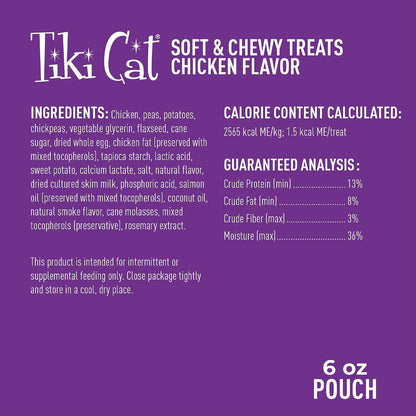 Tiki Cat Soft & Chewy Treats, Chicken Flavor, 3 Calories per Treat with Grain-Free and No Added Gluten, 6 Oz. Pouch3