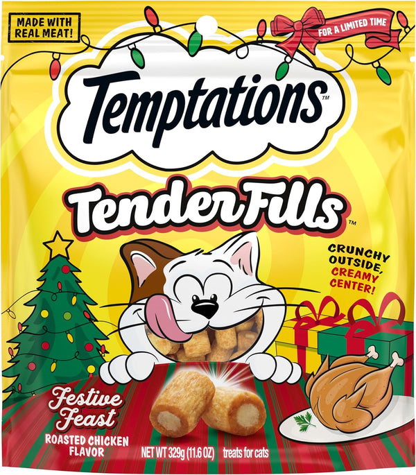 Temptations Tender Fills Adult Cat Treats, Festive Feast Flavor, 11.6 Oz | 2X More Creamy Filling than Classic, Real Meat, No Artificial Flavors, Crunchy Shell with Soft Center, Resealable Pouch1