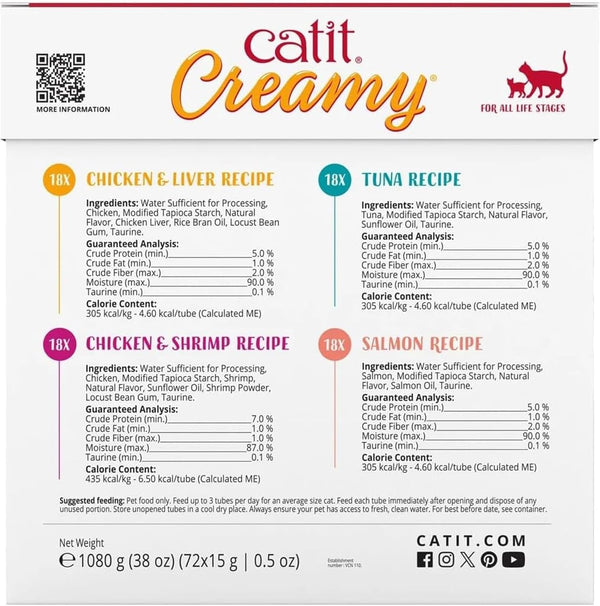 Catit Creamy Lickable Cat Treat – Healthy Variety of Flavors, 72 Pack, Hand-Feed or Serve, Nutrient-Rich Squeeze Tube, 0.5 Oz Each2