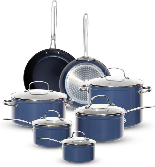Healthy G11-Pots and Pans Set Non Stick, Works on All Stovetops | 9H Near-Diamond Hardness Scratch-Resistant, PFAS Free, with Frying Pans, Saucepans & Glass Lids, Stay-Cool Handles, Cool Gray1
