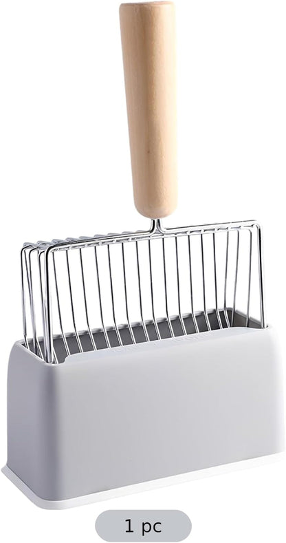 11 in Long Handle Cat Litter Scoop Set, Gray Metal, Rustproof 6.7 in Wide Sifter with Wooden Grip, Included Abs Base & Holder Stand2