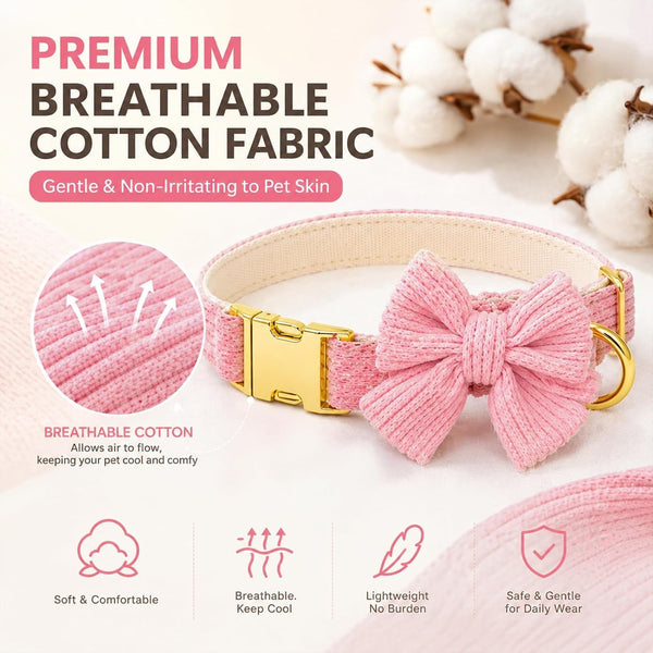 Dog Collar and Leash Set with Bowtie, Soft & Cute Puppy Collar, Cotton Puppy Collar with Adjustable Metal Buckle for Small, Medium Dog (Pink, Size S: Neck 10"-16")3