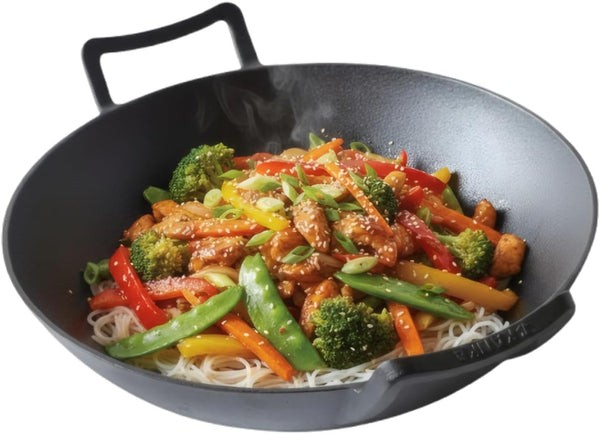 Cast Iron Wok & Skillet – 14 Inch Pre-Seasoned Nonstick Stir Fry Pan with Flat Base & Ergonomic Handles Ideal for Deep Frying, Sautéing, Grilling, & Camping Outdoor Cookware – Black1