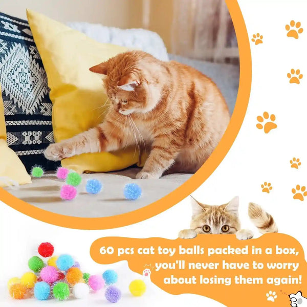 DF DUALFERV 60 Pcs Cat Pom Pom Balls, Interactive Cat Toys, Sparkle Balls for Cats, Extra Large and Fuzzy for Exercise and Entertainment, Multicolor, 1.5 Inch4