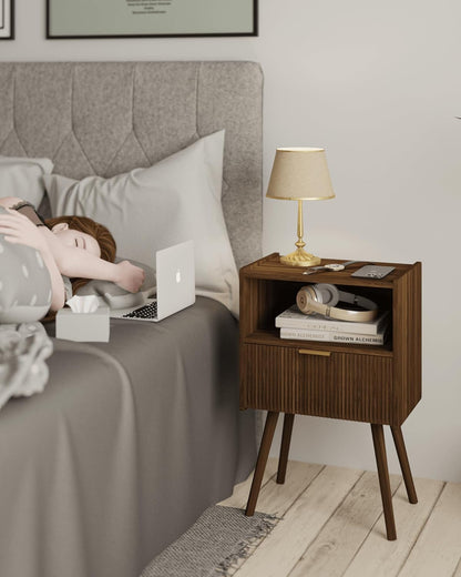 Nightstand,Modern Bedside Table with Storage Drawer and Open Wood Shelf, for Living Room, Bedroom and Small Spaces, Accent Night Stand with Solid Wood Legs, Easy Assembly,Walnut Brown4
