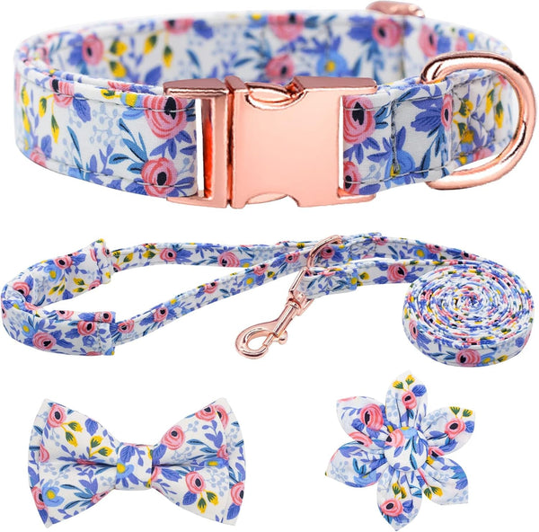 Dog Collar and Leash Set Girls Adjustable Puppy Collars with Floral Bow Tie for Small Medium Large Female Dogs, Orange Flower, S14