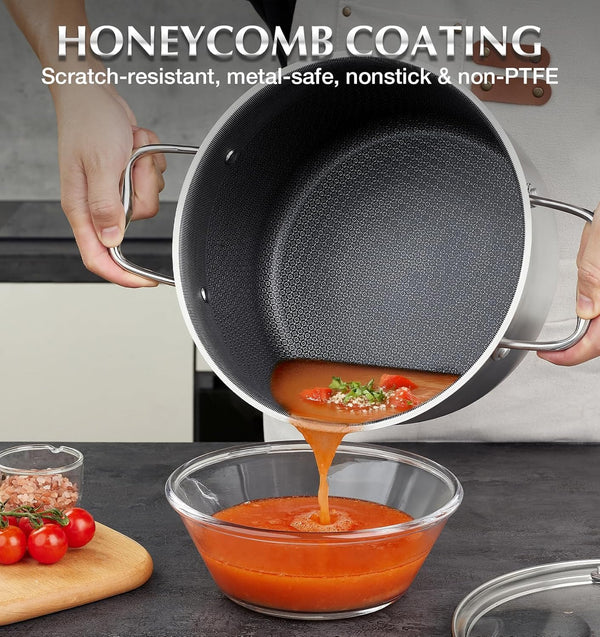 Triply Stainless Steel Cookware Set 6 Piece, Nonstick Hybrid Pots Set 2QT & 3QT & 8QT, Kitchen Cookware Set with Honeycomb Interior, Stainless Steel Pots Set, Induction Compatible2