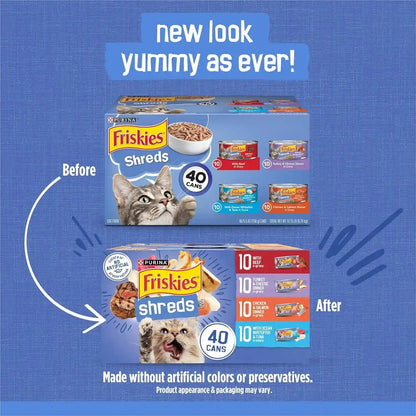 Purina Friskies Wet Cat Food Variety Pack, Shreds with Beef, Turkey and Cheese Dinner, Chicken and Salmon Dinner, and with Ocean Whitefish and Tuna - (Pack of 40) 5.5 Oz. Cans2