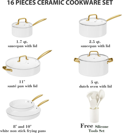 Ceramic Cookware Set 16 Pcs Pots and Pans Set Non Stick | Cookware Sets with Cooking Utensils Set, Non Toxic Cookware Set White Gold Pan Set for Cooking Pot Oven & Dishwasher Safe2