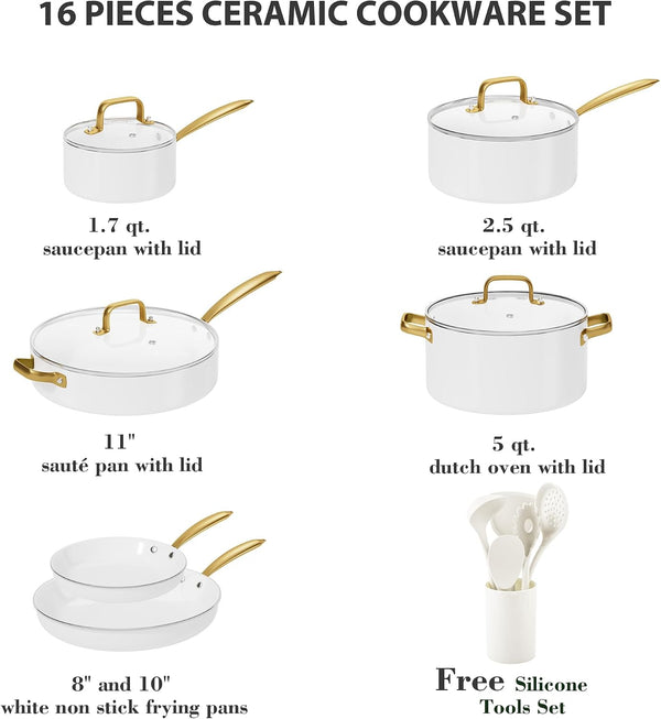 Ceramic Cookware Set 16 Pcs Pots and Pans Set Non Stick | Cookware Sets with Cooking Utensils Set, Non Toxic Cookware Set White Gold Pan Set for Cooking Pot Oven & Dishwasher Safe2