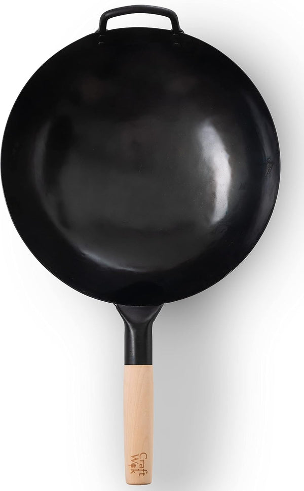 Black13 Pre-Seasoned Hand Hammered Carbon Steel Pow Wok with Wooden and Steel Helper Handle (13 Inch, round Bottom)2