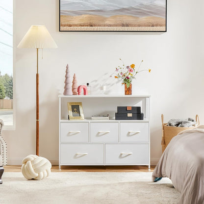 TV Stand Dresser, Media Console, Storage Drawers | 5 Fabric Open Shelf, Compact Entertainment Unit for Bedroom, Living Space, Dorm Organization, White2