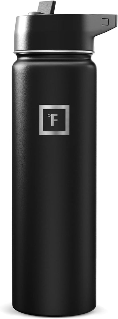 24 Oz Wide Mouth Water Bottle with Straw | Insulated Stainless Steel Sports Water Bottle with Leakproof Straw Lid - BPA Free, Cold 24 Hrs, Sweat Free (Midnight Black)1