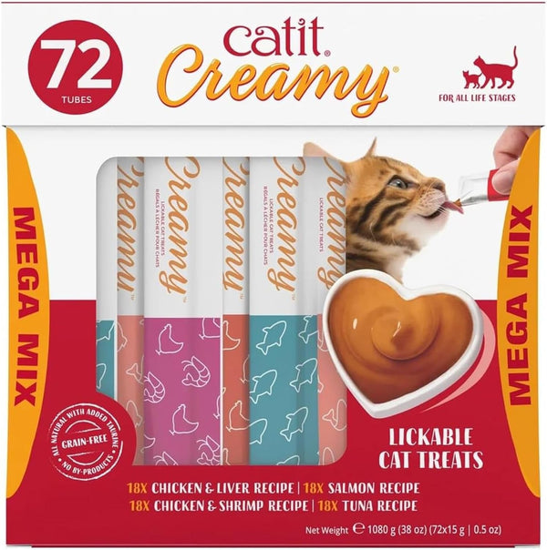 Catit Creamy Lickable Cat Treat – Healthy Variety of Flavors, 72 Pack, Hand-Feed or Serve, Nutrient-Rich Squeeze Tube, 0.5 Oz Each1