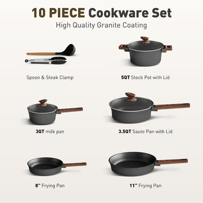 10PCS Ceramic Pots and Pans Set, Kitchen Induction Cookware Set | Black Nonstick Cooking Set, Compatible with Gas & Electric Stoves, PFOA & PFOS Free, Even Heating2