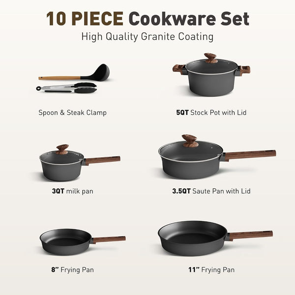 10PCS Ceramic Pots and Pans Set, Kitchen Induction Cookware Set | Black Nonstick Cooking Set, Compatible with Gas & Electric Stoves, PFOA & PFOS Free, Even Heating2
