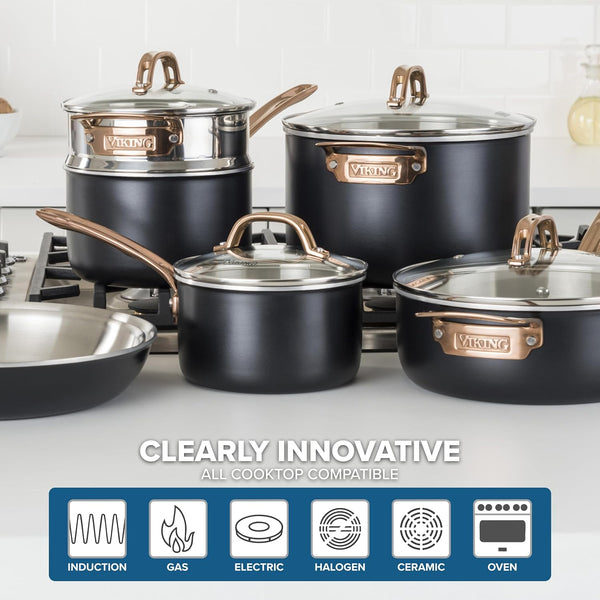 Viking 3 Ply Pots and Pans Set, 11 Piece Stainless Steel Kitchen Cookware with Glass Lids, Black with Copper5