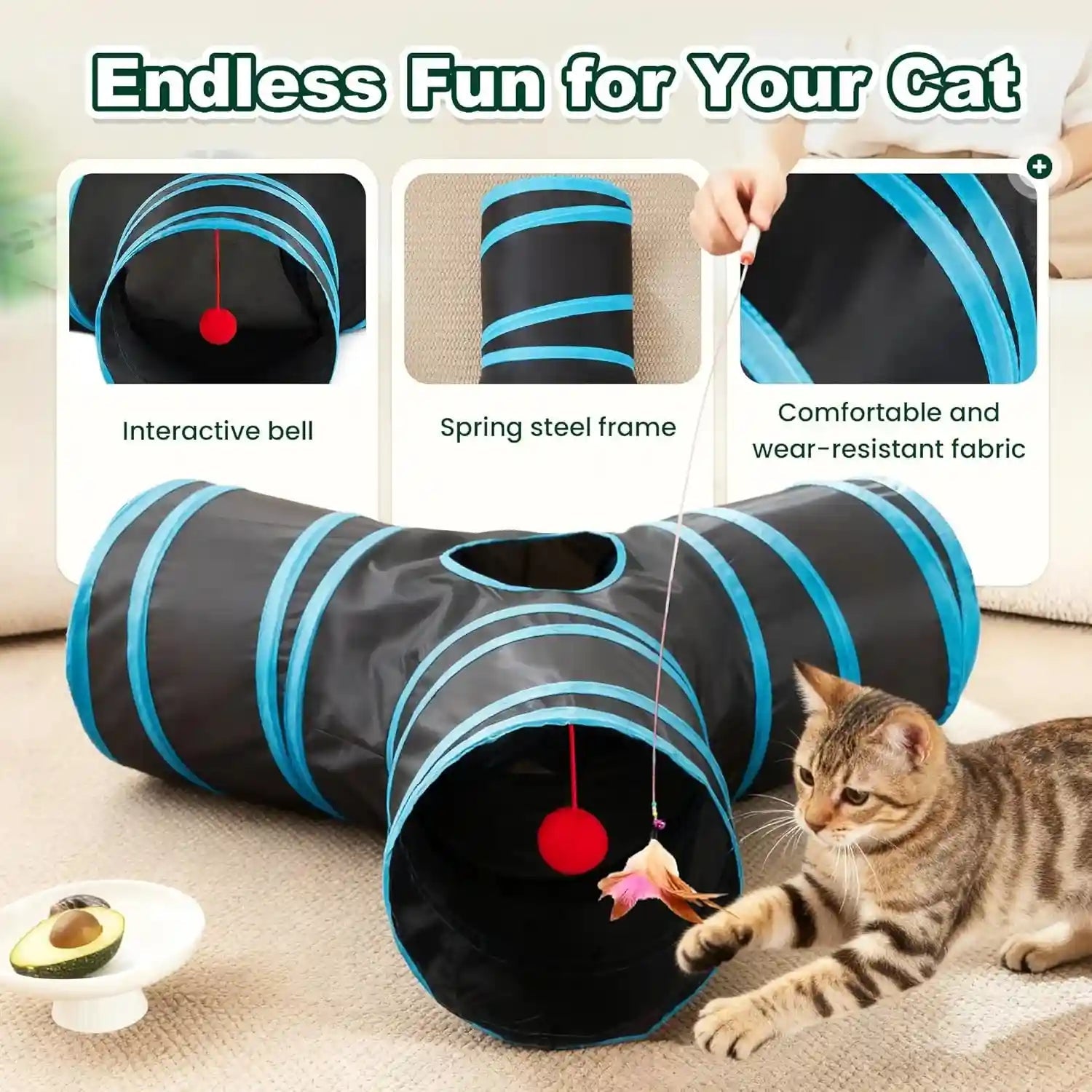 love-s-cabin-cat-tunnel-for-indoor-cats-3-way-collapsible-play-tunnel-with-teaser-wand-peek-holes-toy-ball-small-pet-toy-for-kittens-rabbits-black-blue-small-size