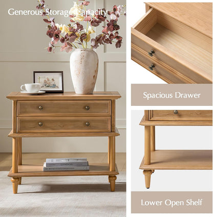 Farmhouse Nightstand with Drawer & Open Shelf, Natural Wood End Table with Solid Wood Legs, 28.4'' Wide Sofa Side Table with Charging Station(Oak)5
