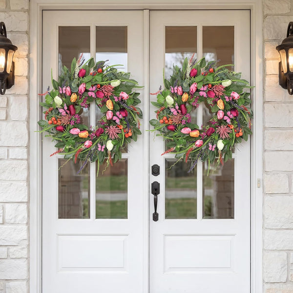 Wreaths for Front Door 24 Inch Artificial Spring Wreath with Tulip,Roses,Eucalyptus Leaf, Berry, Butterflies,Summer Wreath for Home Wall Porch Window Easter Year-Round Indoor/Outdoor Decor7