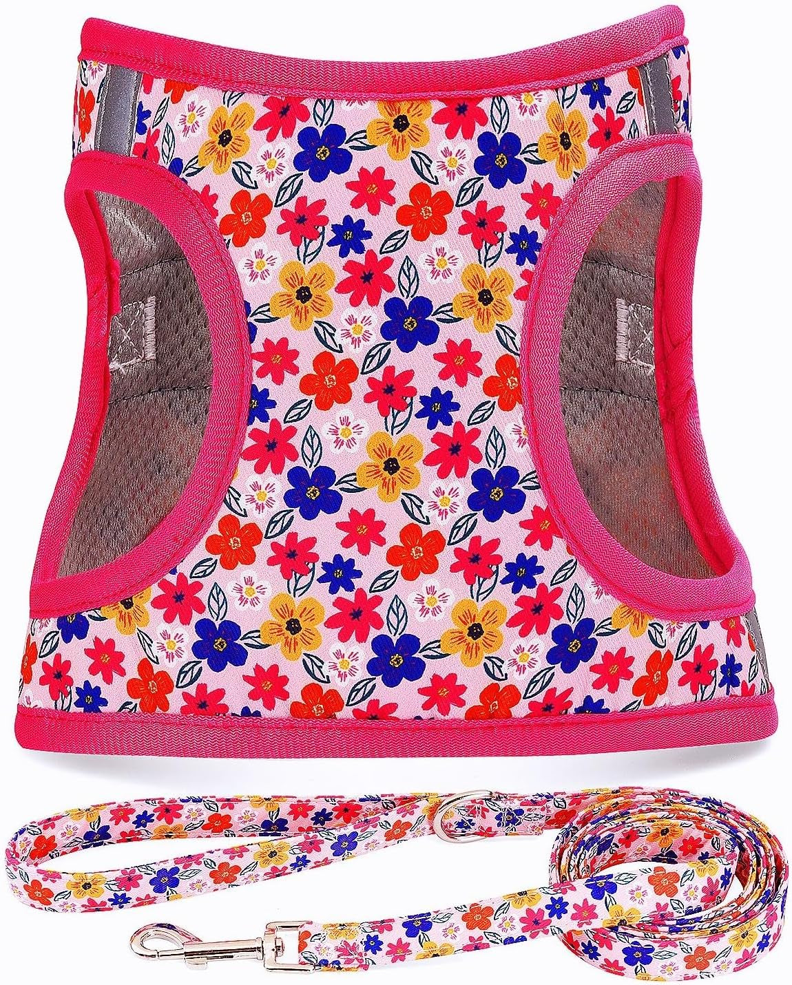 step-in-dog-harness-leash-set-all-weather-reflective-no-pull-floral-pattern-padded-mesh-vest-harness-for-cats-puppy-extra-small-small-medium-large-dogs-pink-flower-s