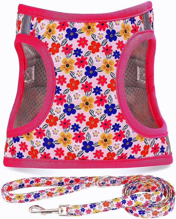 Step in Dog Harness Leash Set- All Weather Reflective No-Pull Floral Pattern Padded Mesh Vest Harness for Cats Puppy Extra-Small Small Medium Large Dogs - Pink Flower - S17