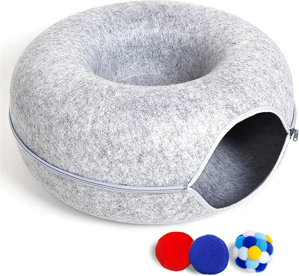 Large Cat Tunnel Bed for Indoor Cats with 3 Toys, Scratch Resistant Donut Cat Bed, up to 30 Lbs (L 24X24X11, Dark Grey)8