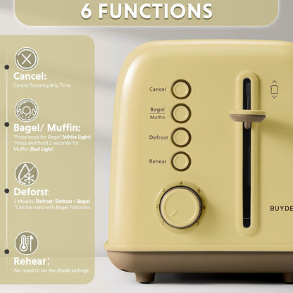 DT620 2-Slice Toaster, 7 Shade Settings, 1.5" Wide Slots, Yellow | for Toast, Bagel & English Muffin, 6 Toasting Functions, Retro, Stainless Steel, High Lift Lever2
