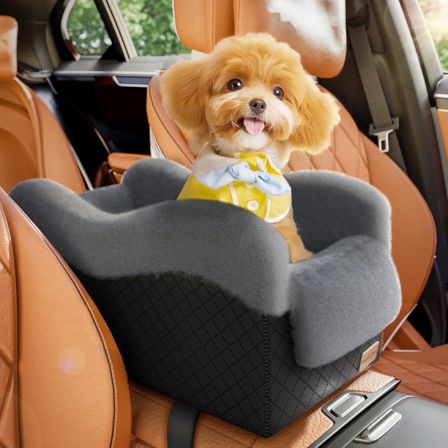 center-console-dog-car-seat-for-small-dogs-under-11lbs-grey-anti-collapse-safety-tether-faux-rabbit-fur-lined-pu-leather-cover-washable-puppy-seat-for-suv-truck-ideal-for-travel