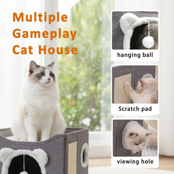 Cat Houses for Indoor Cats, Large Cats Bed Cave, Kitten Cube Box,Cat Condo with Scratching Pad, Hanging Fluffy Ball & Peekaboo Window, Foldable Hideaway Hand-Washable(16X16X13.3 Inches,Grey)2