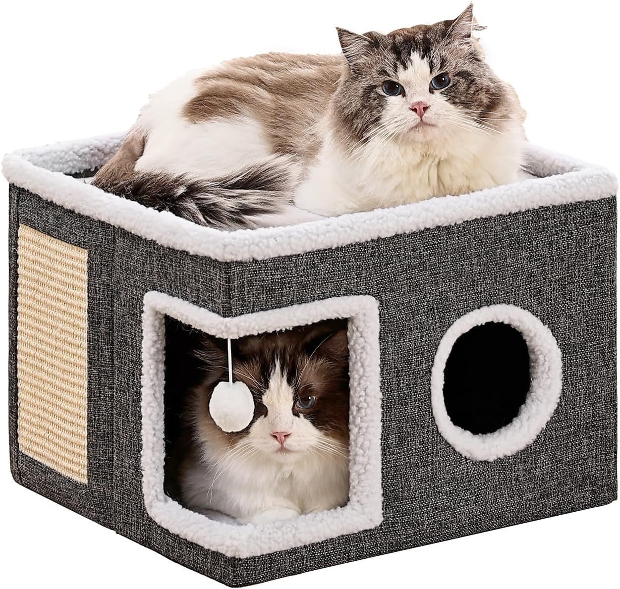 large-cat-houses-for-indoor-cats-with-fluffy-ball-and-scratch-pad-foldable-cat-bed-cave-for-multiple-pets-kitten-bed-for-all-seasons-non-slip-hold-up-to-30lbs-16x16x13inch-grey