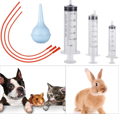 7 Pack Tube Feeding Kit, 8 FR Tubes & Syringes for Puppy Lamb Kitten | Whelping Newborn Care, Bulb Syringe Included, Goat Kid Foal Piglet Compatible, 10Ml 30Ml 60Ml Syringes7