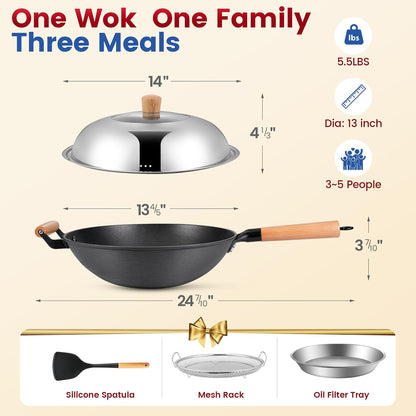 13'' Nonstick Wok, Cast Iron Wok with Lid, Wok Pan & Stir-Fry Pans | Chinese Woks Pan with Lid2