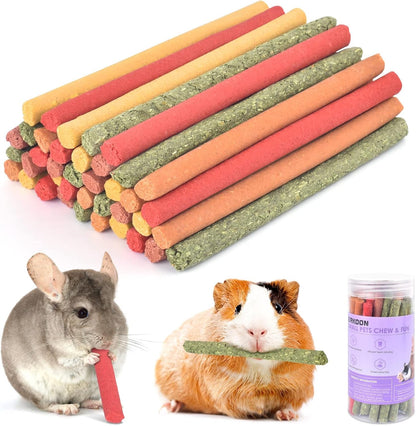 ERKOON 40Pcs Rabbit Timothy Hay Sticks, Five Flavors：Purplepotato/Timothyhay/Pumpkin/Strawberry/Carrot，Suitable Guinea Pig, Hamste, Gerbil, Chinchilla Treats, Chew Toys for Teeth for Bunnies1