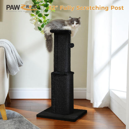 PAWZ Road Large Cat Scratching Post 32" Tall Black Cat Scratcher | Heavy Duty Cat Post with 16X16”Large Base Covered Sturdy Woven Sisal Scratcher and Cat Toy Ball for Adult and Indoor Cats3